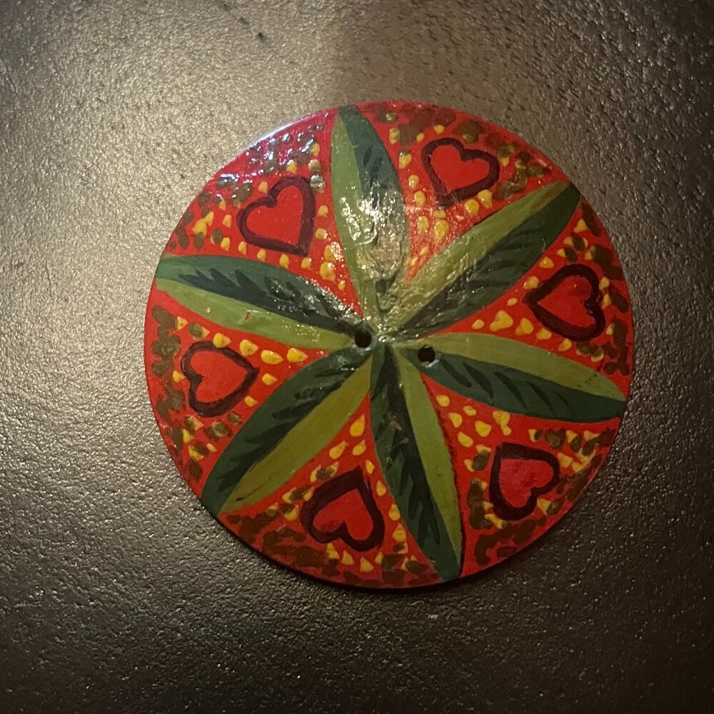 Gorgeous Hand Painted Wooden Brooch with Leaf and Heart Design